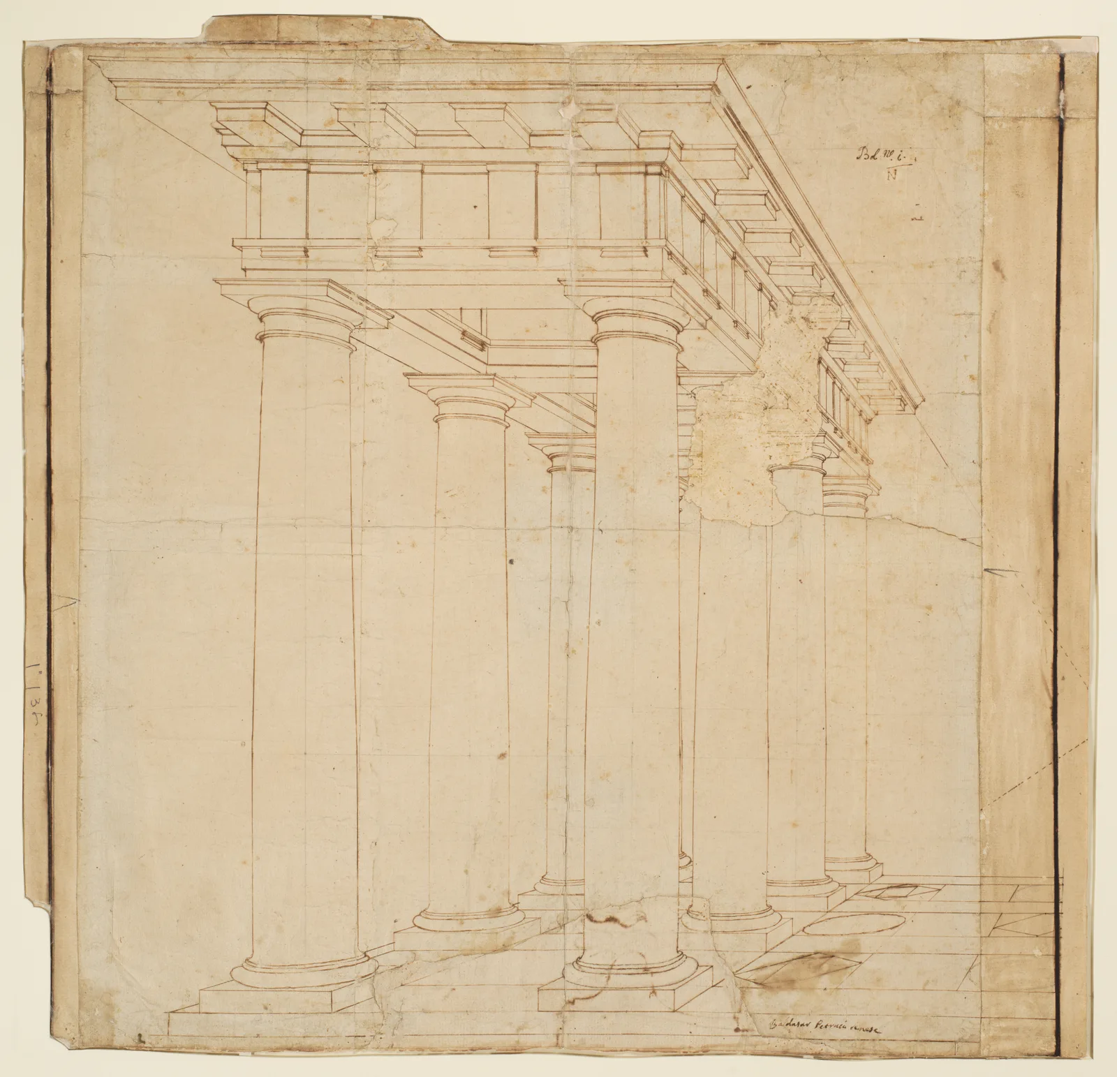 Renaissance architectural study of a colonnade in perspective